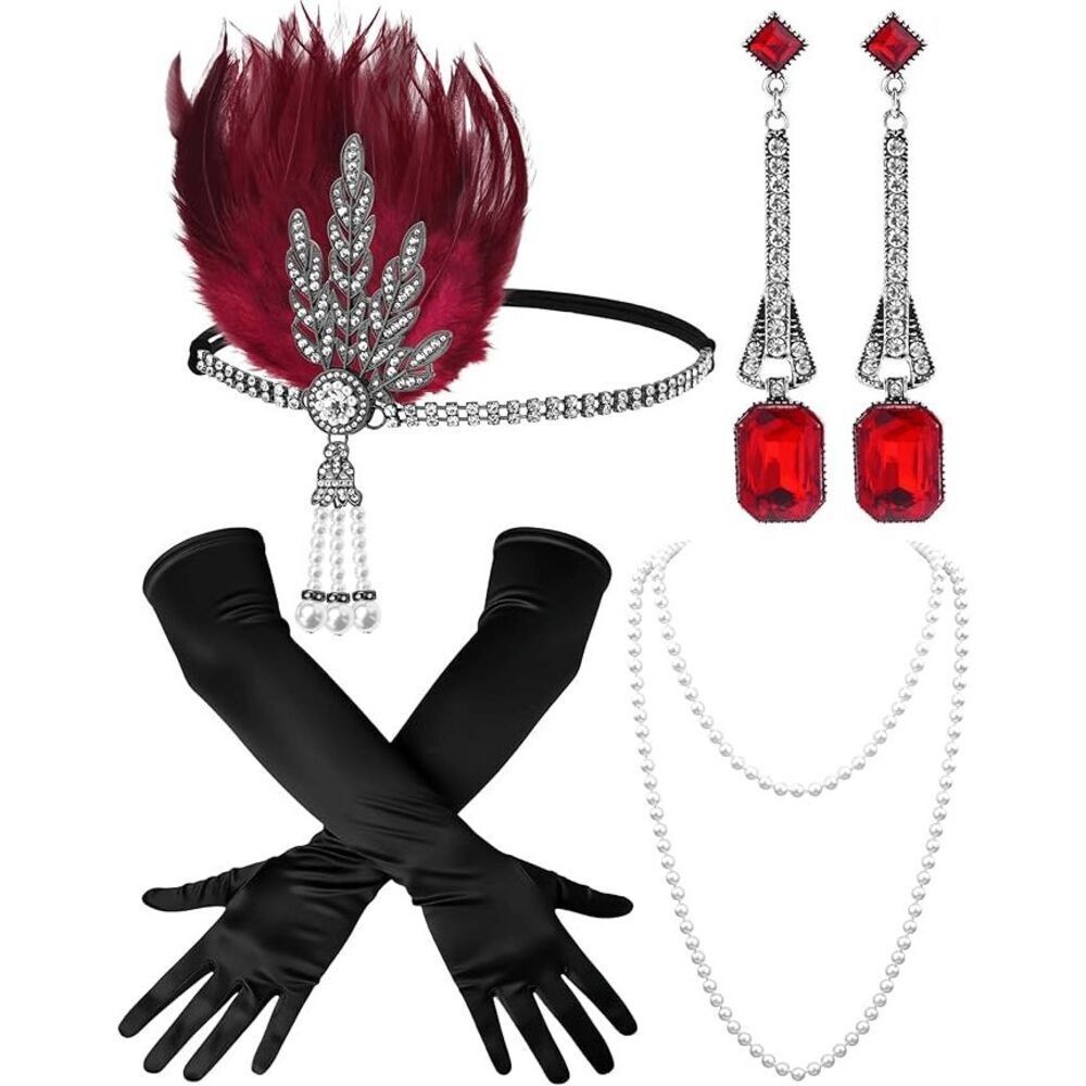 ❤️✨ 4PCS 1920s Red Accessories Flapper Great Gatsby Retro Costume Set NEW
